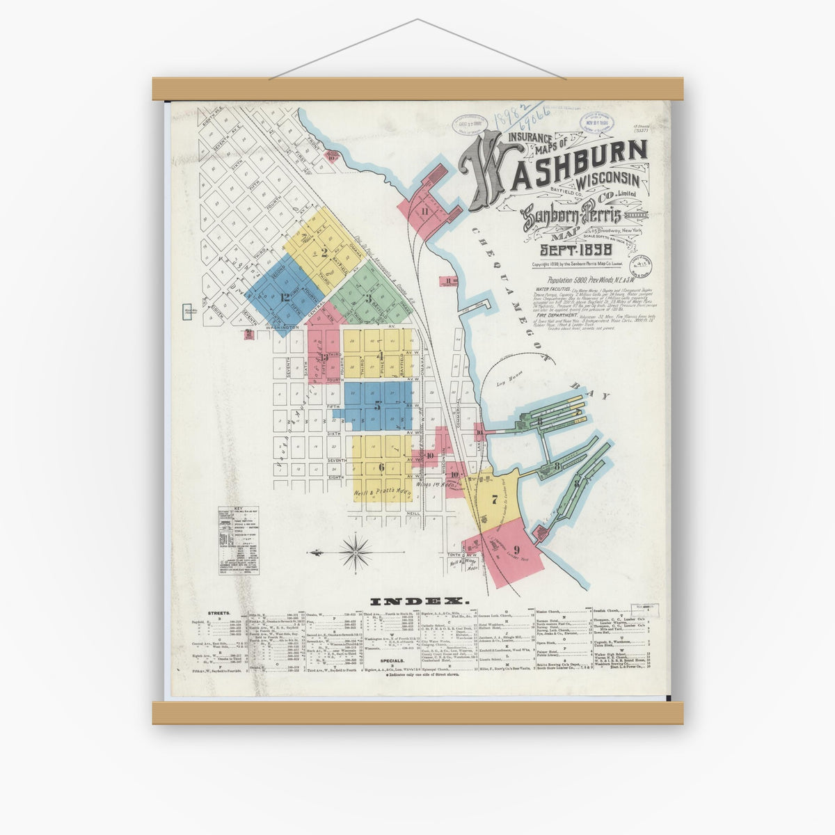 Old map wall art mockup — magnetic wood frame on white wall — Sanborn Fire Insurance Map from Washburn, Bayfield County, Wisconsin (1898), Sheet #0001