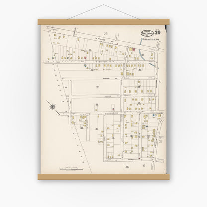 Old map wall art mockup — magnetic wood frame on white wall — Sanborn Fire Insurance Map from Englewood, Bergen County, New Jersey (1922), Sheet #0030
