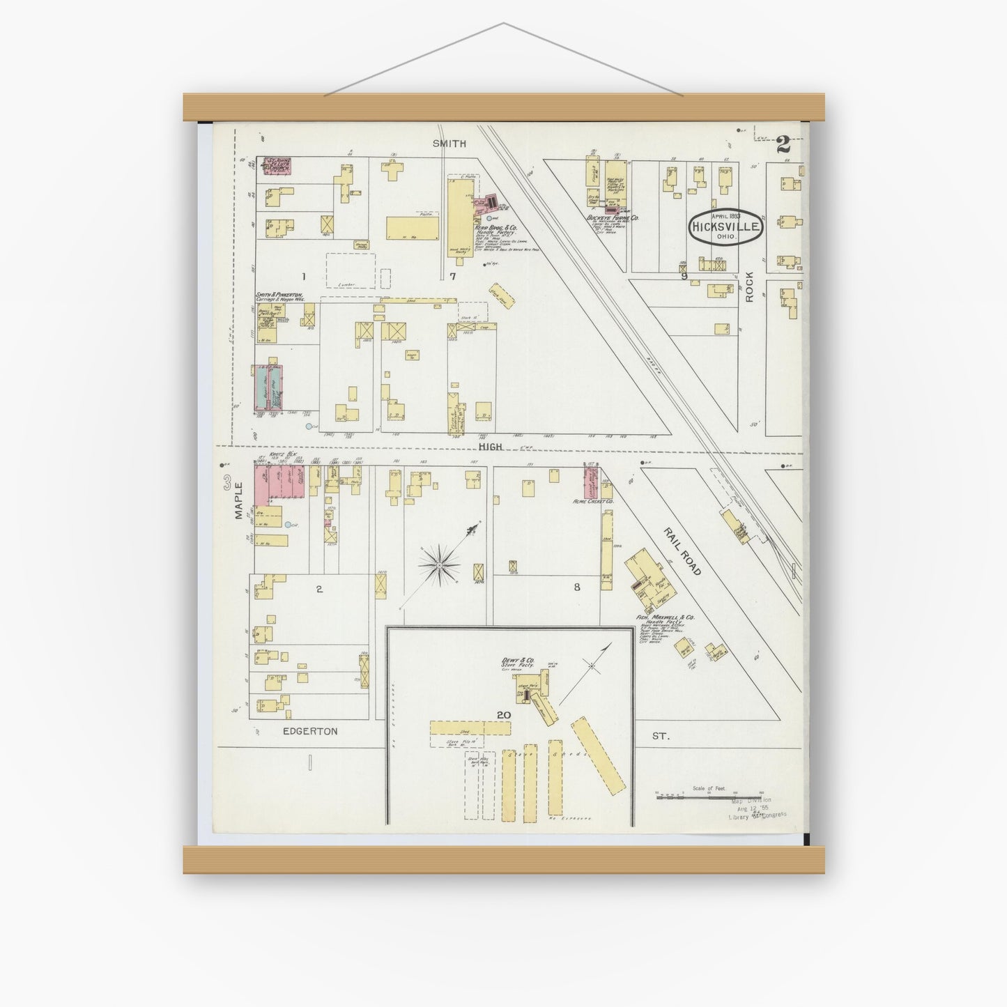 Old map wall art mockup — magnetic wood frame on white wall — Sanborn Fire Insurance Map from Hicksville, Defiance County, Ohio (1893), Sheet #0002