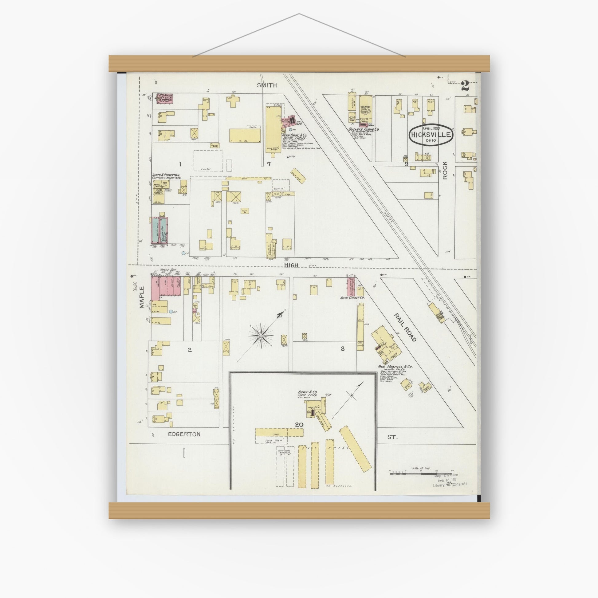 Old map wall art mockup — magnetic wood frame on white wall — Sanborn Fire Insurance Map from Hicksville, Defiance County, Ohio (1893), Sheet #0002