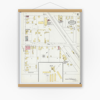 Old map wall art mockup — magnetic wood frame on white wall — Sanborn Fire Insurance Map from Hicksville, Defiance County, Ohio (1893), Sheet #0002