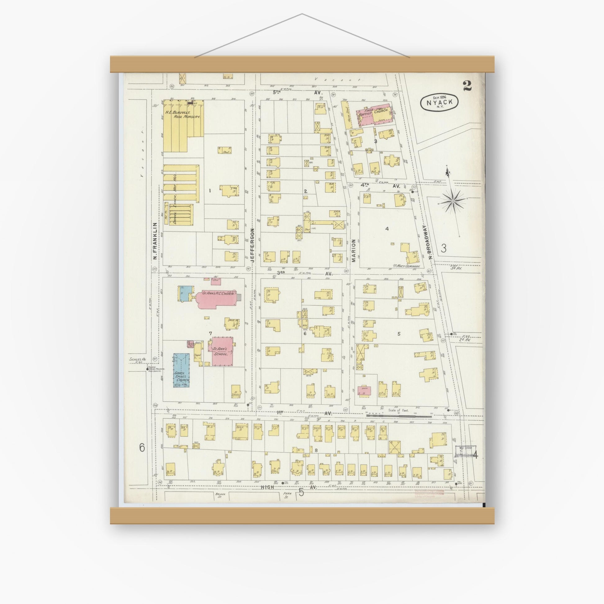 Old map wall art mockup — magnetic wood frame on white wall — Sanborn Fire Insurance Map from Nyack, Rockland County, New York. (1896), Sheet #0002