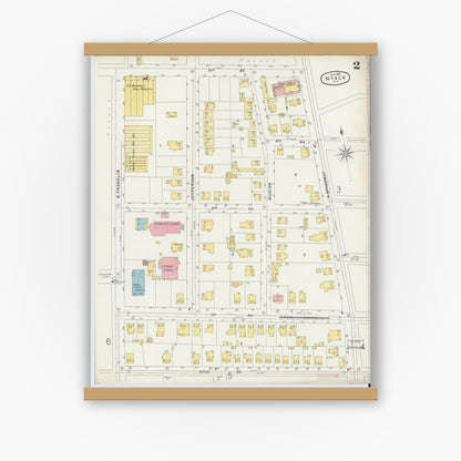 Old map wall art mockup — magnetic wood frame on white wall — Sanborn Fire Insurance Map from Nyack, Rockland County, New York. (1896), Sheet #0002