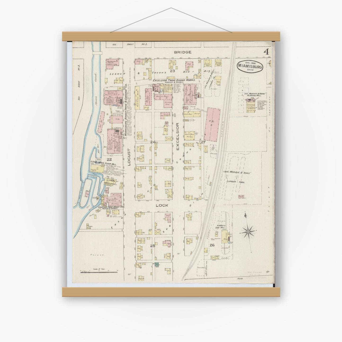 Old map wall art mockup — magnetic wood frame on white wall — Sanborn Fire Insurance Map from Miamisburg, Montgomery County, Ohio (1886), Sheet #0004