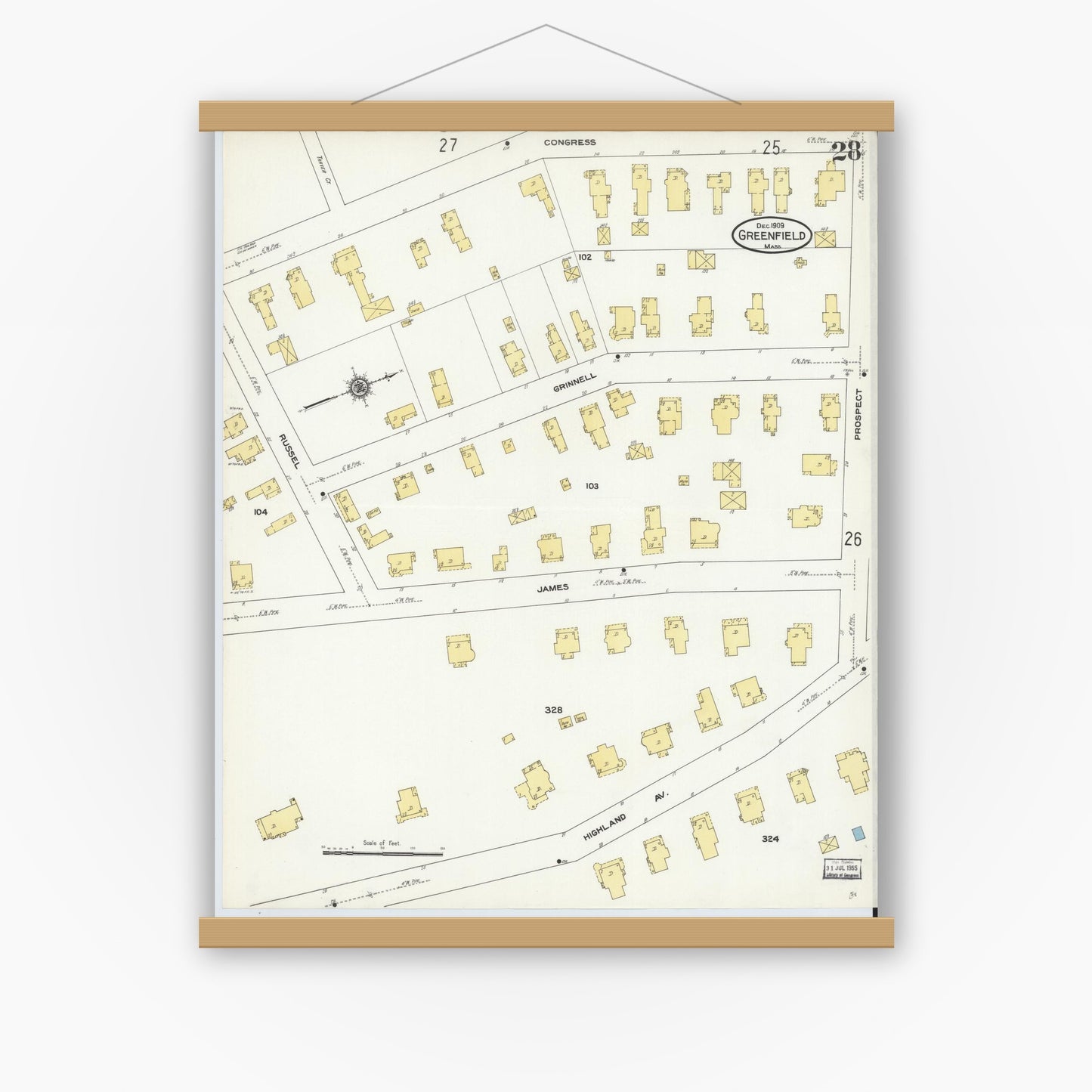 Old map wall art mockup — magnetic wood frame on white wall — Sanborn Fire Insurance Map from Greenfield, Franklin County, Massachusetts (1909), Sheet #0028