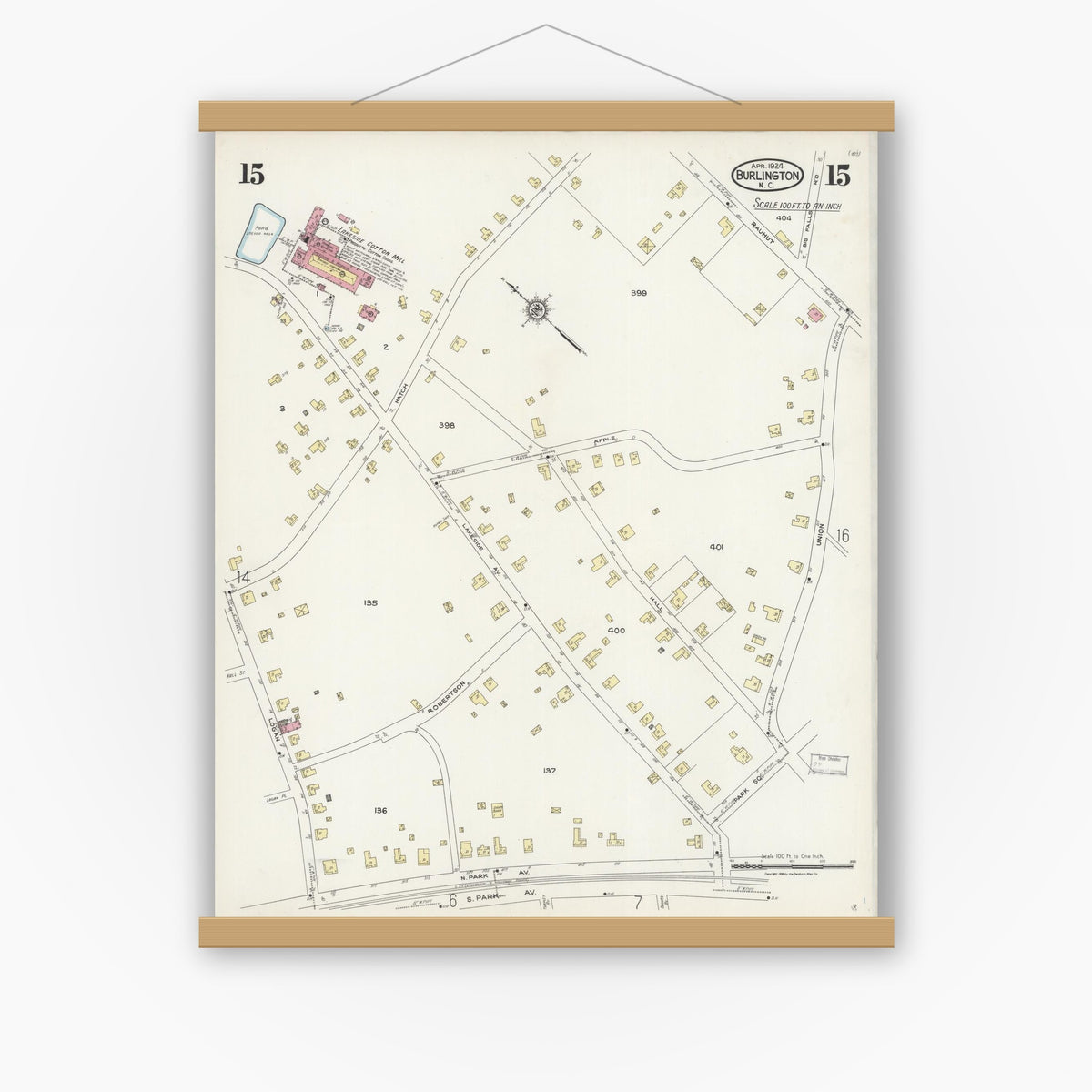 Old map wall art mockup — magnetic wood frame on white wall — Sanborn Fire Insurance Map from Burlington, Alamance County, North Carolina (1924), Sheet #0015