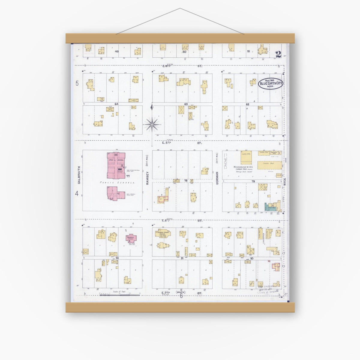 Old map wall art mockup — magnetic wood frame on white wall — Sanborn Fire Insurance Map from Blue Earth, Faribault County, Minnesota (1905), Sheet #0002