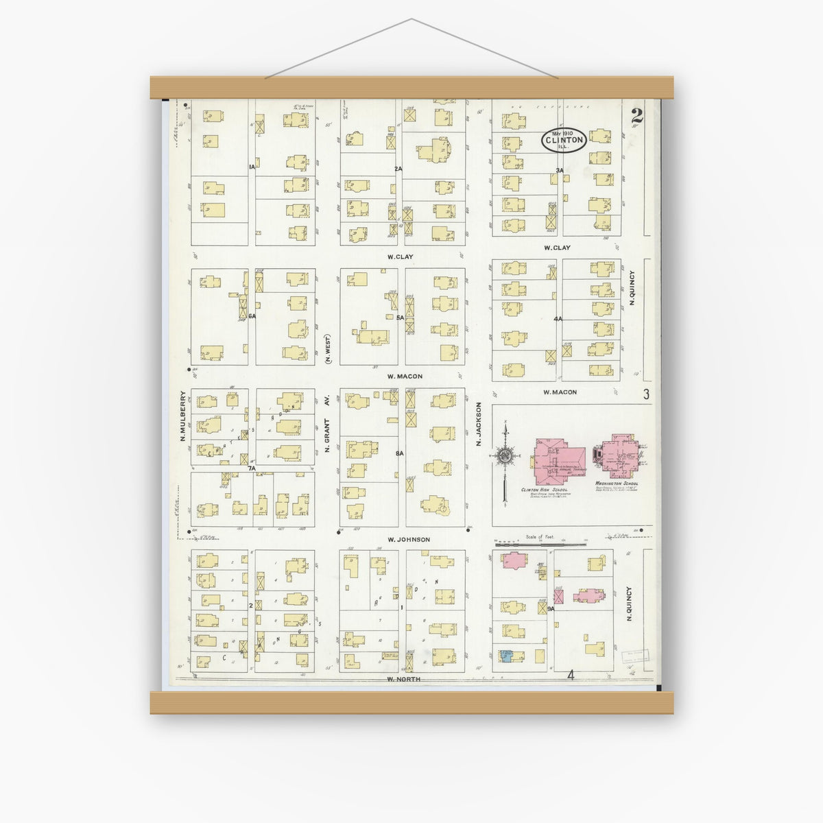 Old map wall art mockup — magnetic wood frame on white wall — Sanborn Fire Insurance Map from Clinton, De Witt County, Illinois (1910), Sheet #0002