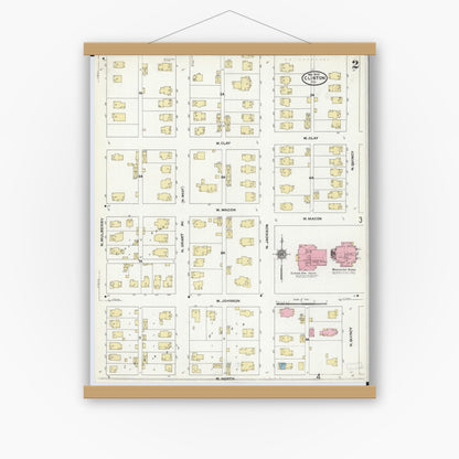 Old map wall art mockup — magnetic wood frame on white wall — Sanborn Fire Insurance Map from Clinton, De Witt County, Illinois (1910), Sheet #0002