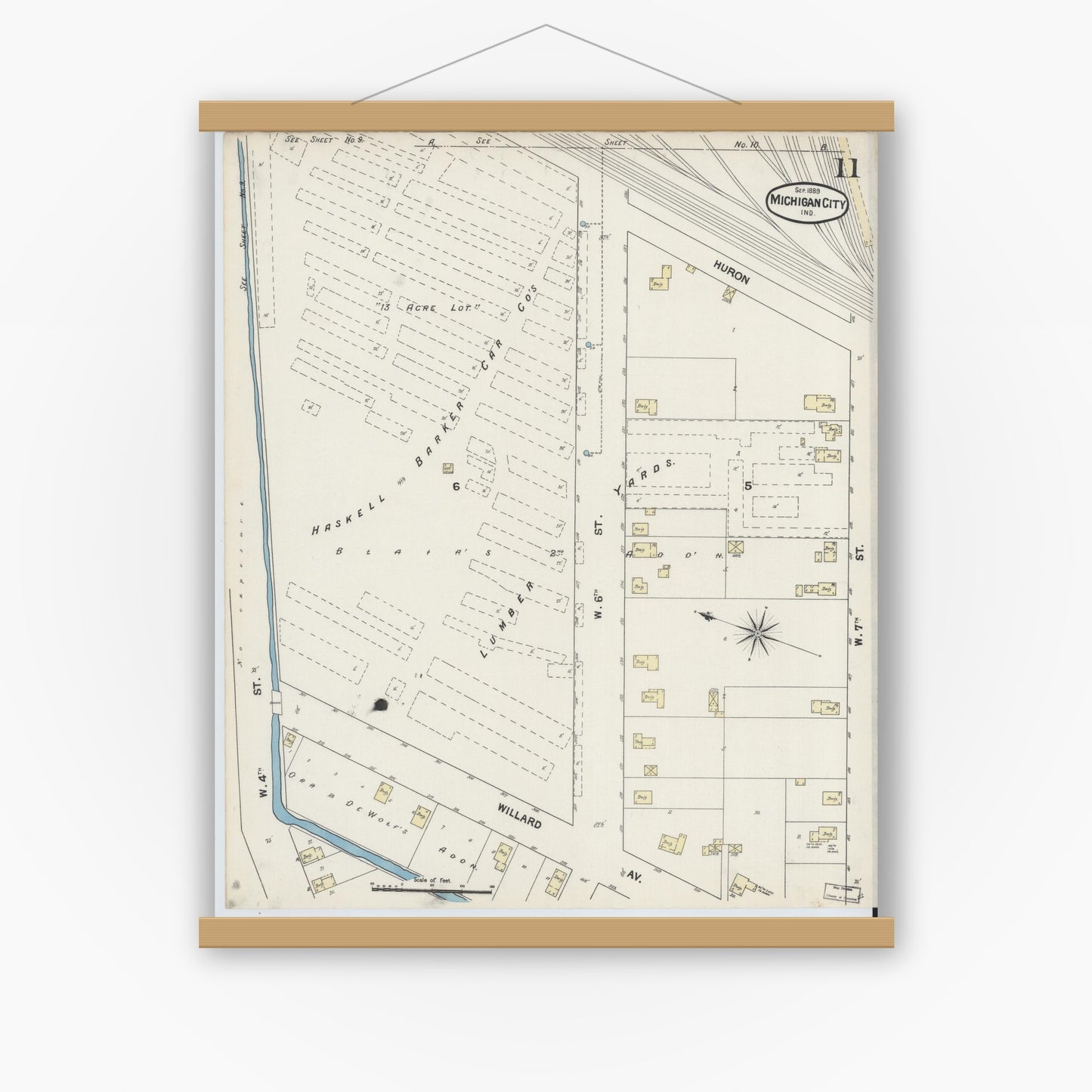 Old map wall art mockup — magnetic wood frame on white wall — Sanborn Fire Insurance Map from Michigan City, La Porte County, Indiana (1889), Sheet #0011