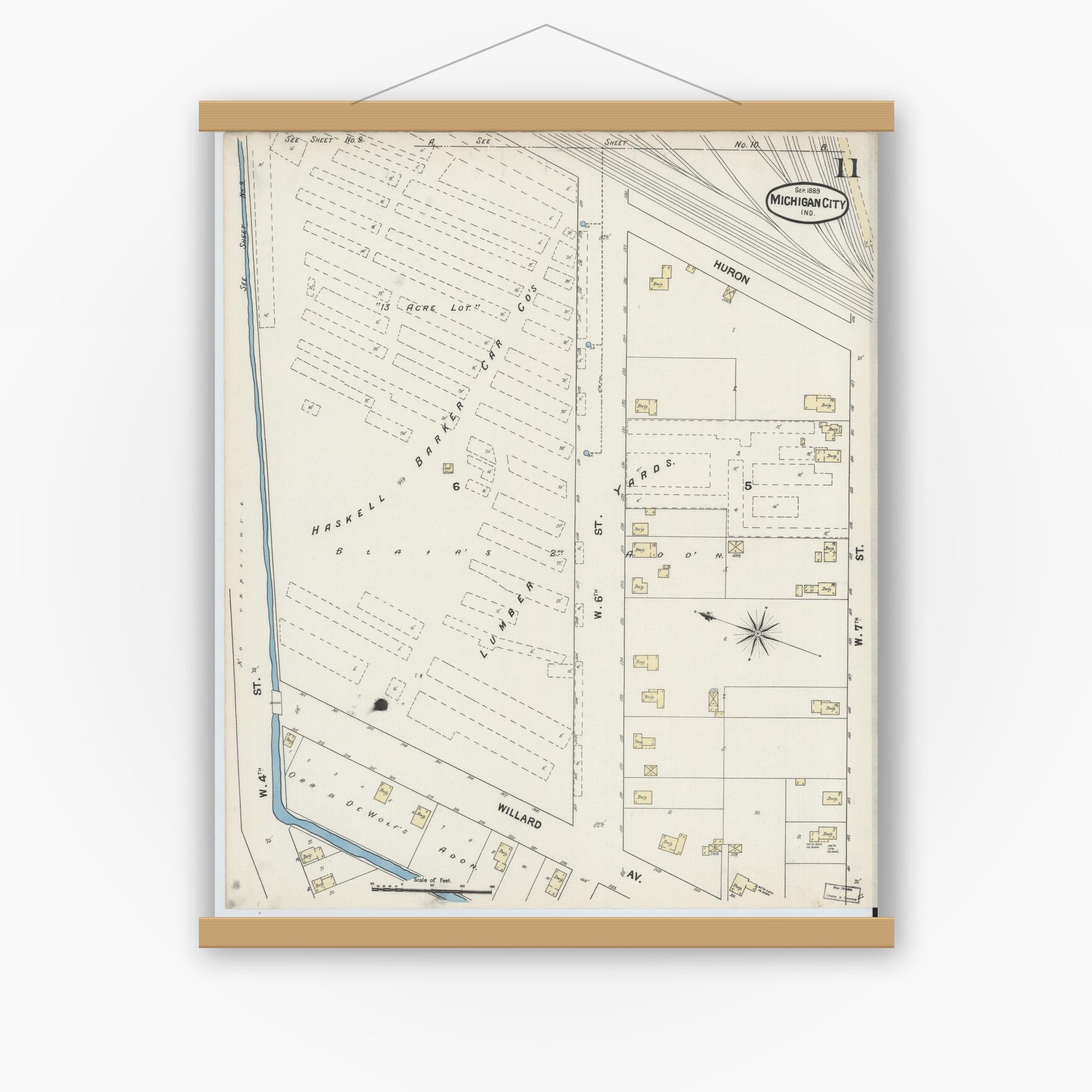 Old map wall art mockup — magnetic wood frame on white wall — Sanborn Fire Insurance Map from Michigan City, La Porte County, Indiana (1889), Sheet #0011
