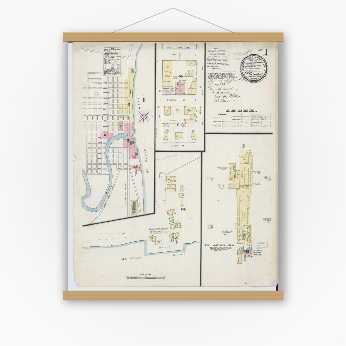 Old map wall art mockup — magnetic wood frame on white wall — Sanborn Fire Insurance Map from Saint Clair, Saint Clair County, Michigan (1890), Sheet #0001