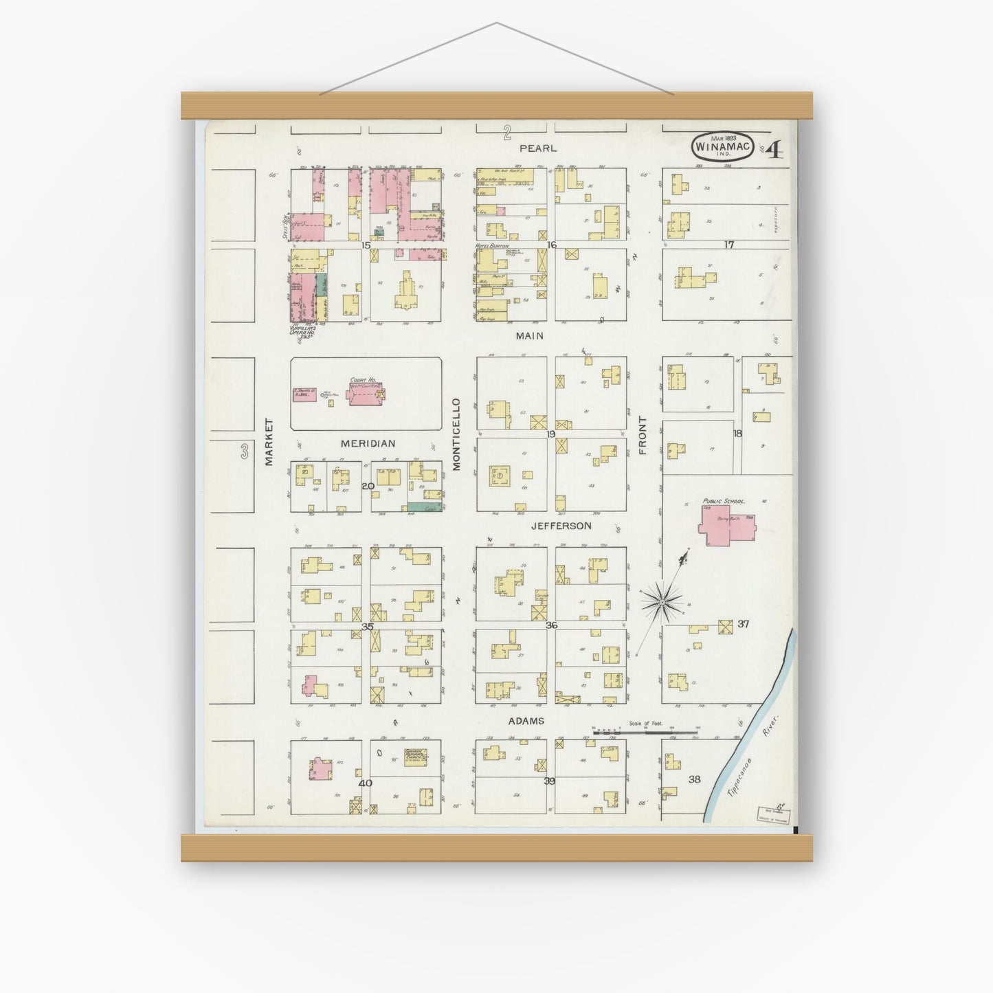 Old map wall art mockup — magnetic wood frame on white wall — Sanborn Fire Insurance Map from Winamac, Pulaski County, Indiana (1893), Sheet #0004