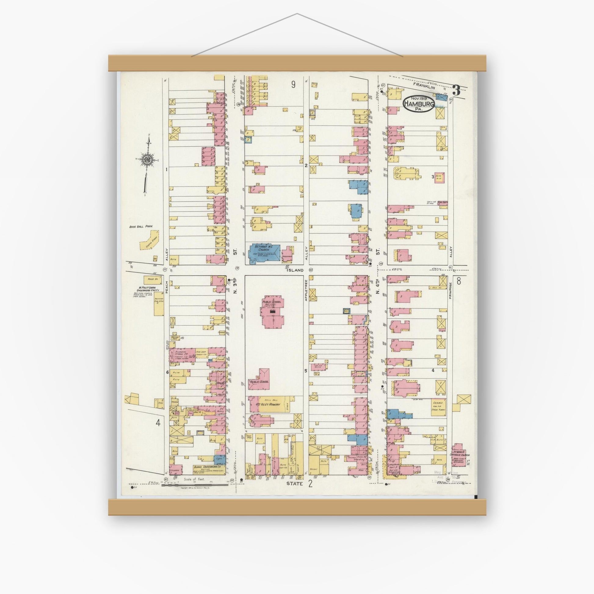 Old map wall art mockup — magnetic wood frame on white wall — Sanborn Fire Insurance Map from Hamburg, Berks County, Pennsylvania (1919), Sheet #0003