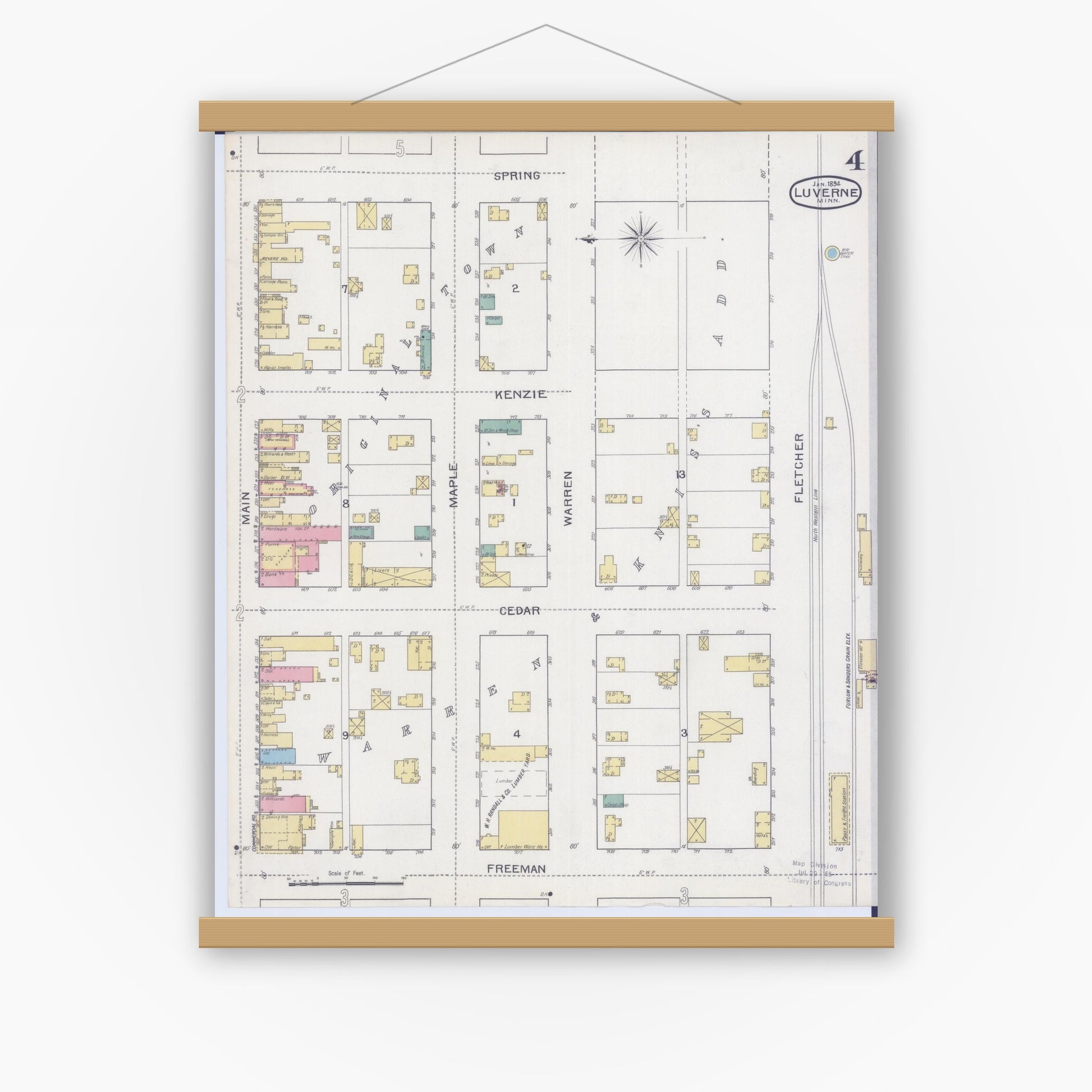 Old map wall art mockup — magnetic wood frame on white wall — Sanborn Fire Insurance Map from Luverne, Rock County, Minnesota (1894), Sheet #0004