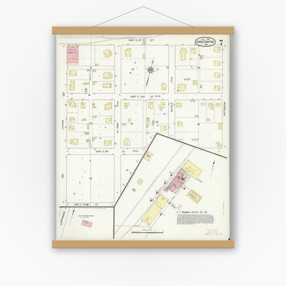 Old map wall art mockup — magnetic wood frame on white wall — Sanborn Fire Insurance Map from Sweetwater, Nolan County, Texas (1914), Sheet #0007