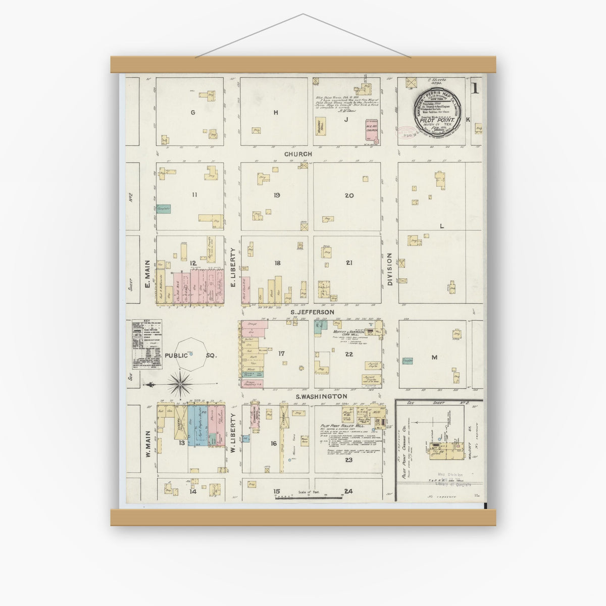 Old map wall art mockup — magnetic wood frame on white wall — Sanborn Fire Insurance Map from Pilot Point, Denton County, Texas (1891) - Complete Map Set