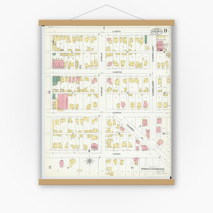 Old map wall art mockup — magnetic wood frame on white wall — Sanborn Fire Insurance Map from Fostoria, Seneca, Hancock, And Wood Counties, Ohio (1901), Sheet #0009