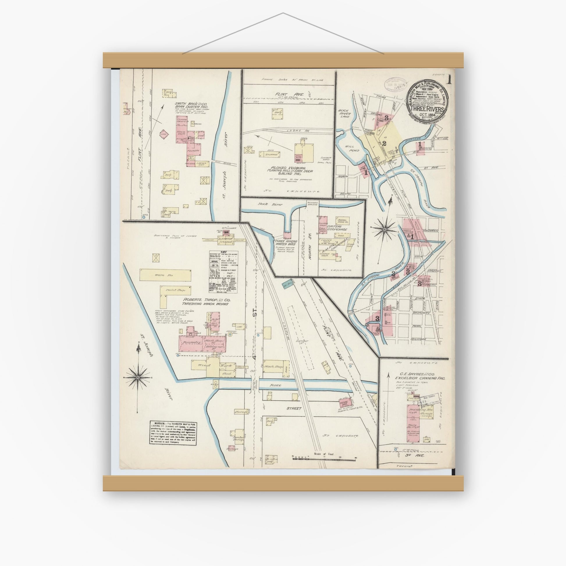 Old map wall art mockup — magnetic wood frame on white wall — Sanborn Fire Insurance Map from Three Rivers, Saint Joseph County, Michigan (1884) - Complete Map Set