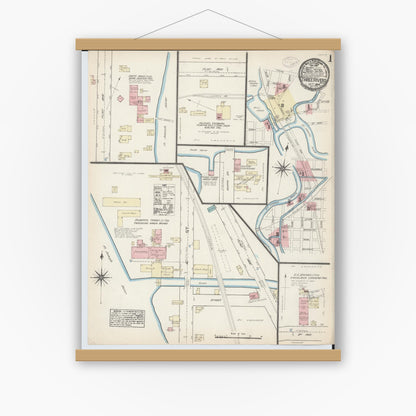 Old map wall art mockup — magnetic wood frame on white wall — Sanborn Fire Insurance Map from Three Rivers, Saint Joseph County, Michigan (1884) - Complete Map Set