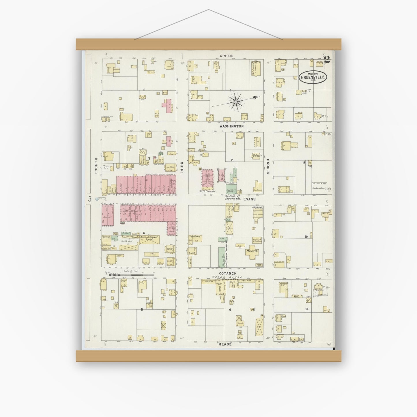 Old map wall art mockup — magnetic wood frame on white wall — Sanborn Fire Insurance Map from Greenville, Pitt County, North Carolina (1898), Sheet #0002