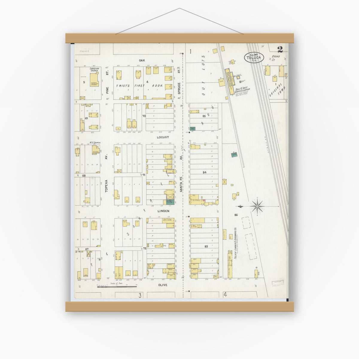 Old map wall art mockup — magnetic wood frame on white wall — Sanborn Fire Insurance Map from Toluca, Marshall County, Illinois (1901), Sheet #0002