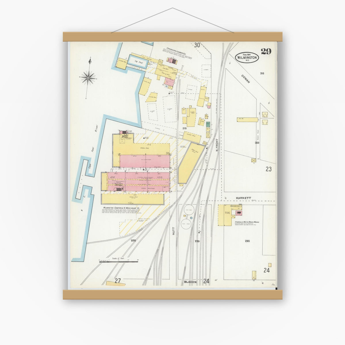 Old map wall art mockup — magnetic wood frame on white wall — Sanborn Fire Insurance Map from Wilmington, New Hanover County, North Carolina (1904), Sheet #0029