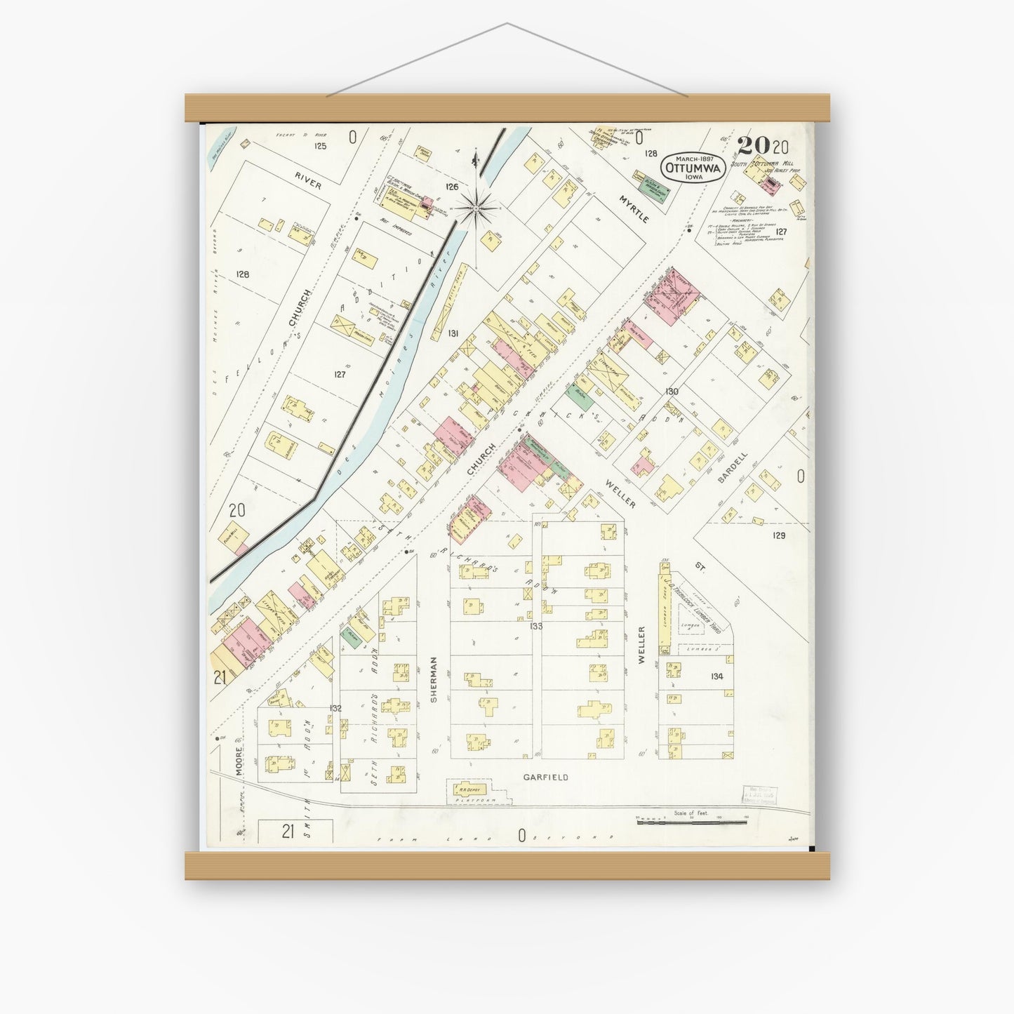 Old map wall art mockup — magnetic wood frame on white wall — Sanborn Fire Insurance Map from Ottumwa, Wapello County, Iowa (1897), Sheet #0020