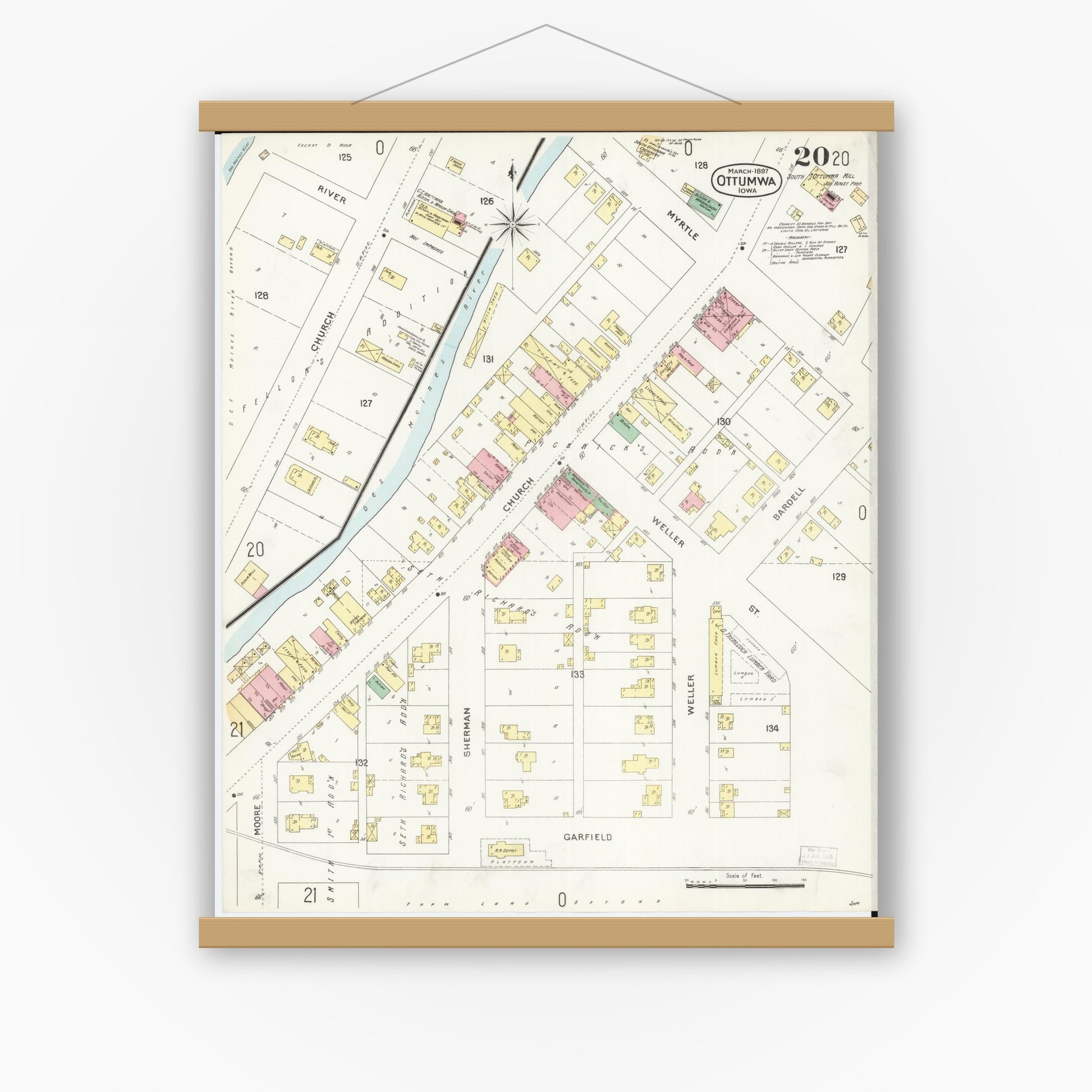 Old map wall art mockup — magnetic wood frame on white wall — Sanborn Fire Insurance Map from Ottumwa, Wapello County, Iowa (1897), Sheet #0020