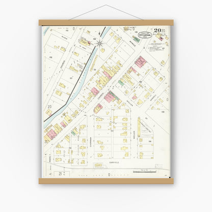 Old map wall art mockup — magnetic wood frame on white wall — Sanborn Fire Insurance Map from Ottumwa, Wapello County, Iowa (1897), Sheet #0020