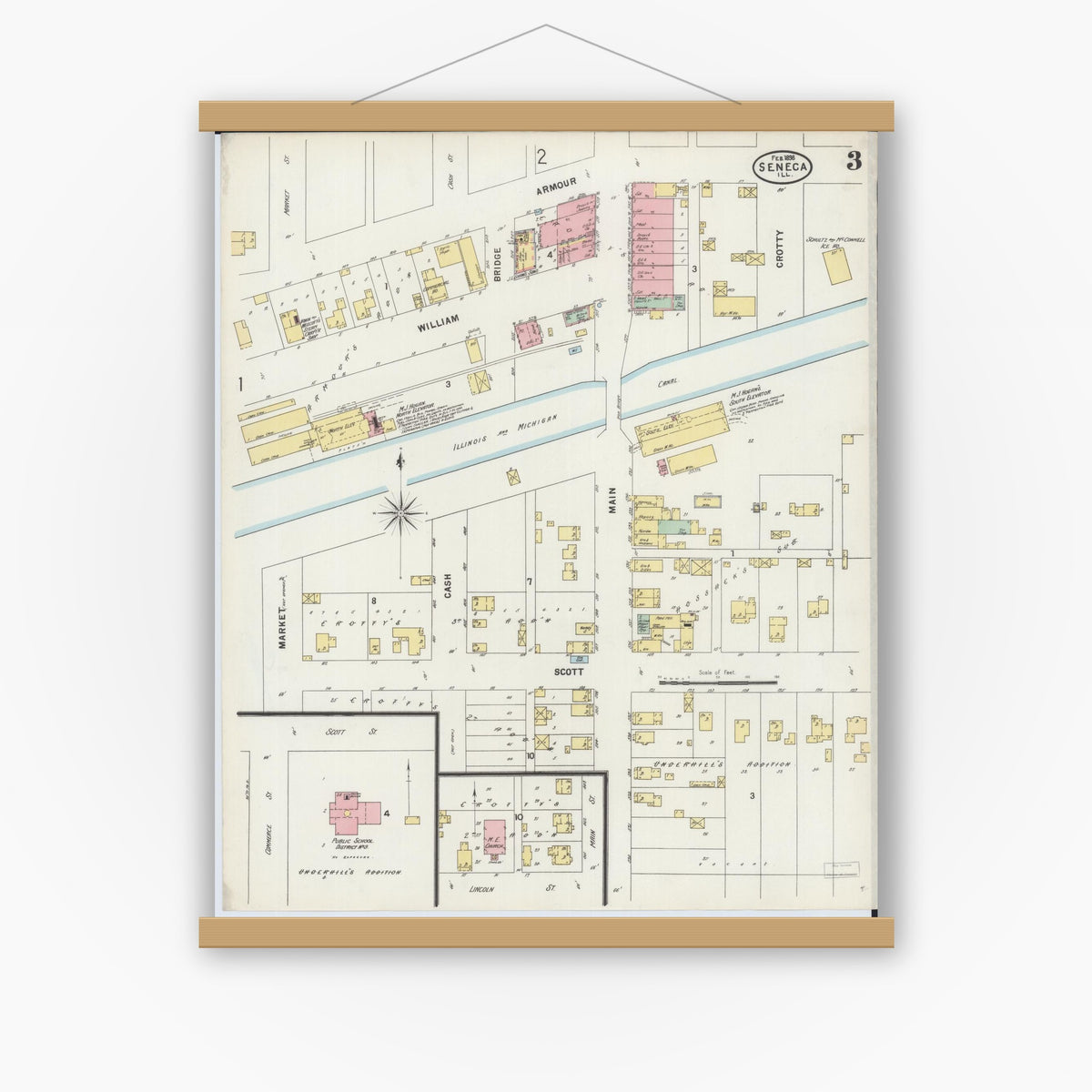 Old map wall art mockup — magnetic wood frame on white wall — Sanborn Fire Insurance Map from Seneca, La Salle County, Illinois (1898), Sheet #0003