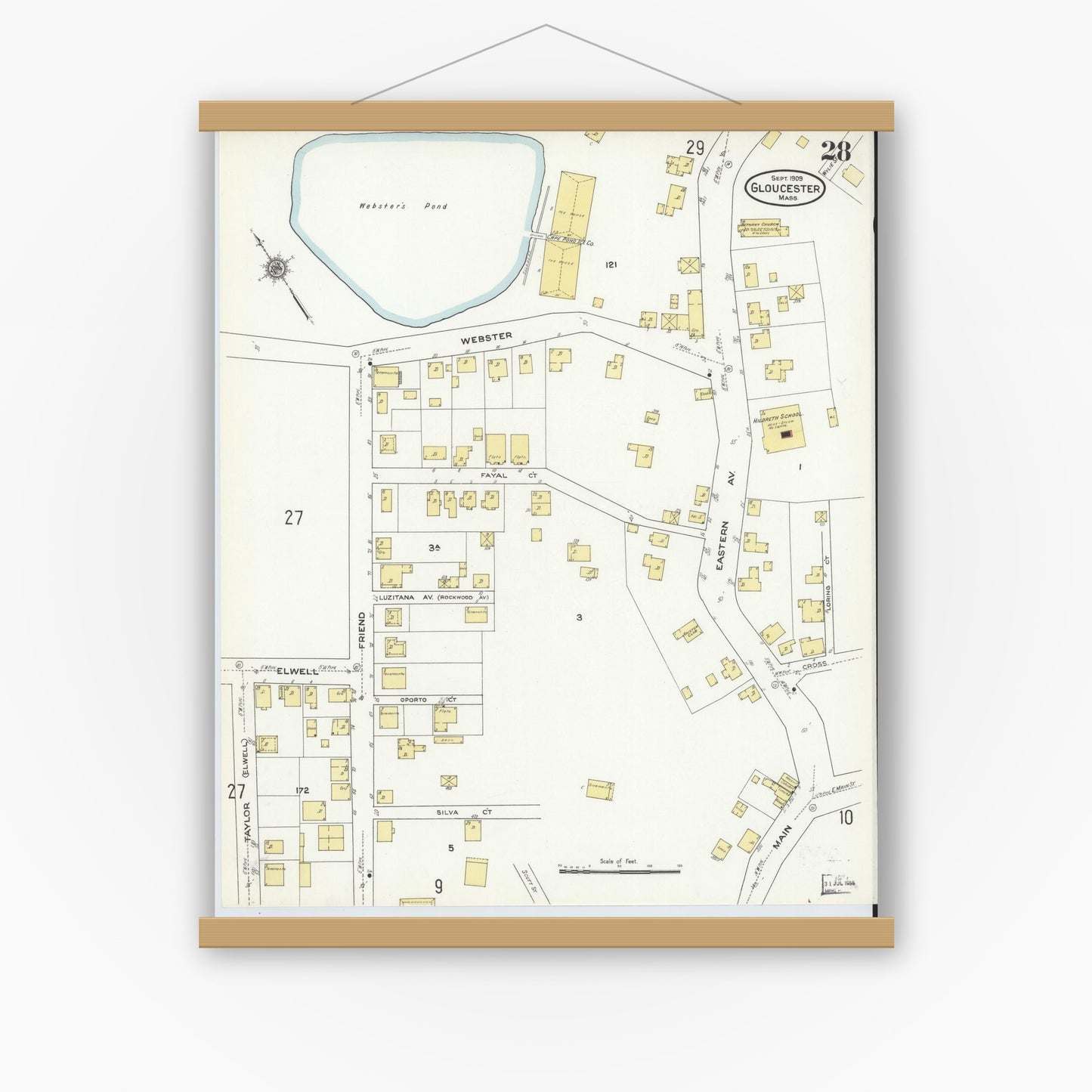 Old map wall art mockup — magnetic wood frame on white wall — Sanborn Fire Insurance Map from Gloucester, Essex County, Massachusetts (1909), Sheet #0028