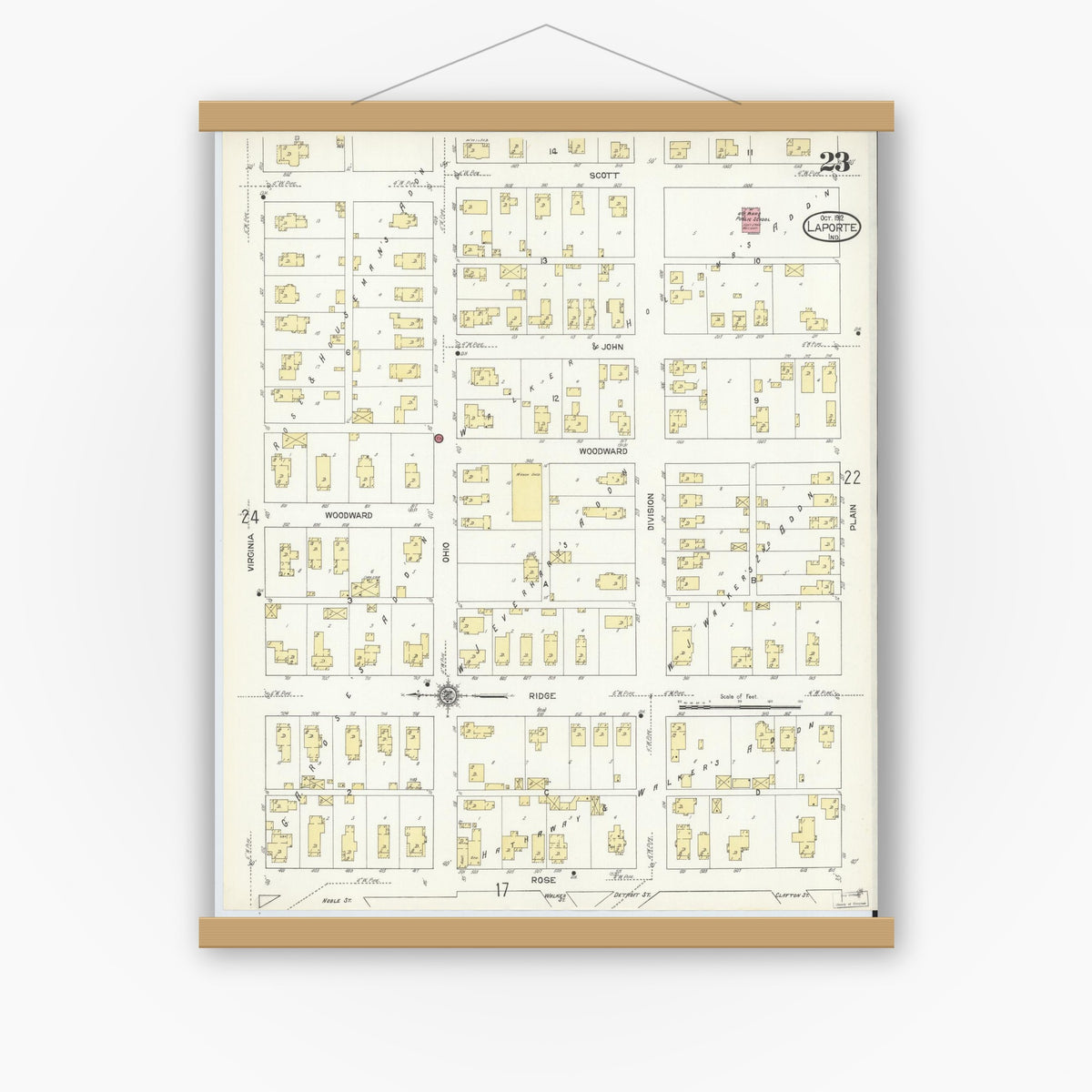 Old map wall art mockup — magnetic wood frame on white wall — Sanborn Fire Insurance Map from La Porte, La Porte County, Indiana (1912), Sheet #0023