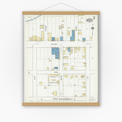 Old map wall art mockup — magnetic wood frame on white wall — Sanborn Fire Insurance Map from Menard, Menard County, Texas (1921), Sheet #0002