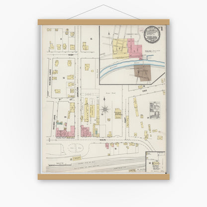 Old map wall art mockup — magnetic wood frame on white wall — Sanborn Fire Insurance Map from Bound Brook, Somerset County, New Jersey (1890), Sheet #0001