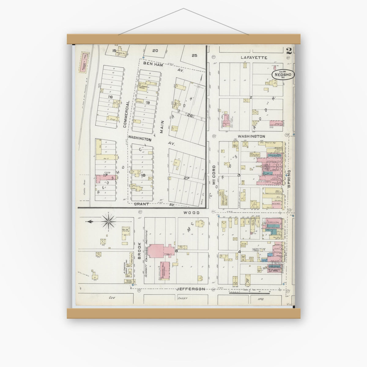 Old map wall art mockup — magnetic wood frame on white wall — Sanborn Fire Insurance Map from Neosho, Newton County, Missouri (1891), Sheet #0002