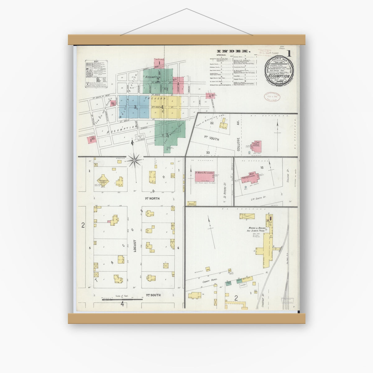Old map wall art mockup — magnetic wood frame on white wall — Sanborn Fire Insurance Map from Assumption, Christian County, Illinois (1899) - Complete Map Set