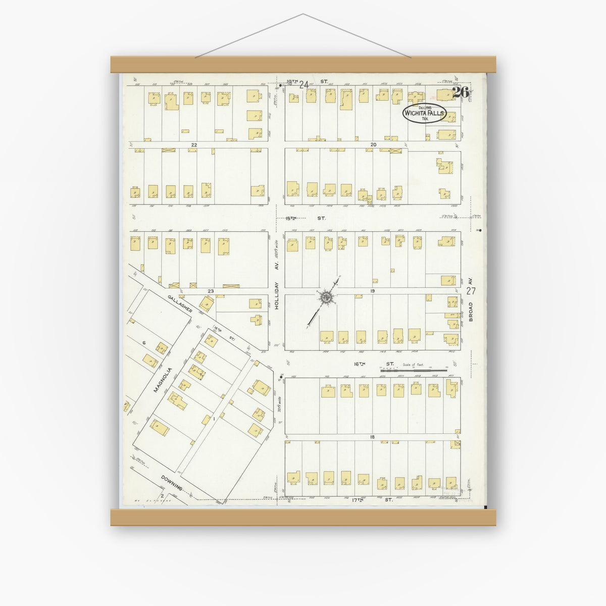 Old map wall art mockup — magnetic wood frame on white wall — Sanborn Fire Insurance Map from Wichita Falls, Wichita County, Texas (1915), Sheet #0026