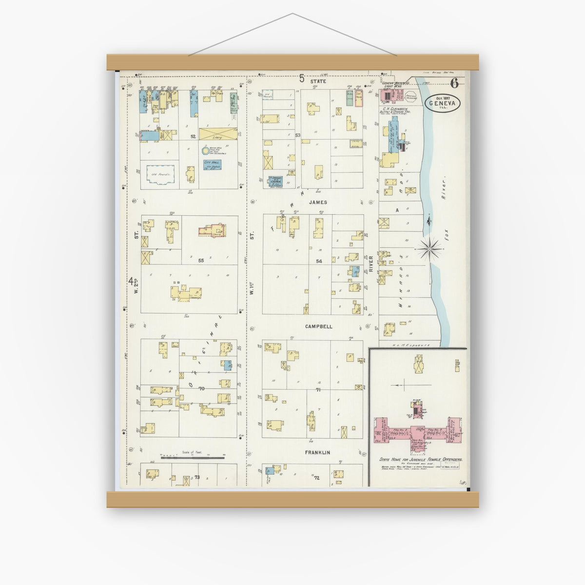 Old map wall art mockup — magnetic wood frame on white wall — Sanborn Fire Insurance Map from Geneva, Kane County, Illinois (1897), Sheet #0006