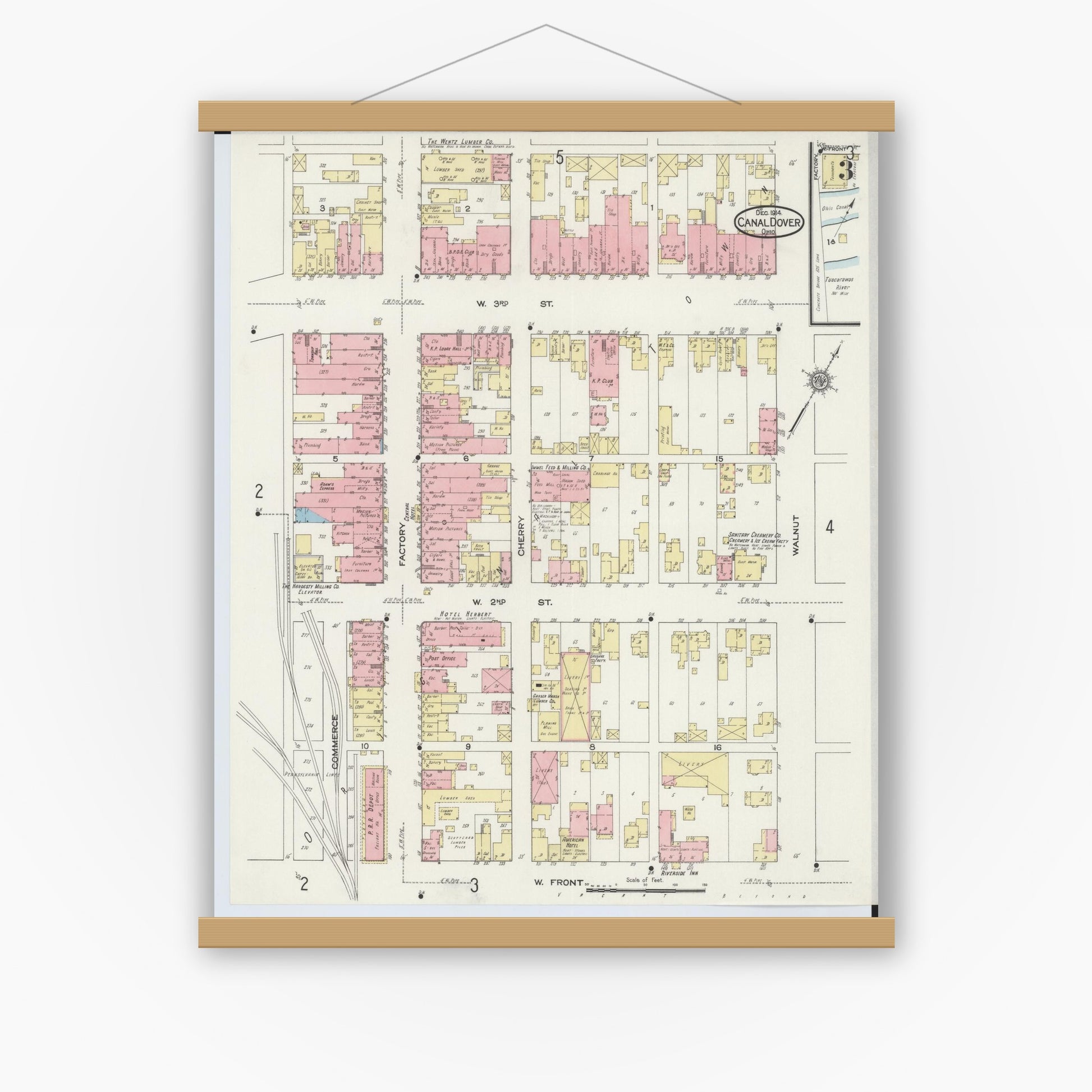 Old map wall art mockup — magnetic wood frame on white wall — Sanborn Fire Insurance Map from Canal Dover, Tuscarawas County, Ohio (1914), Sheet #0003