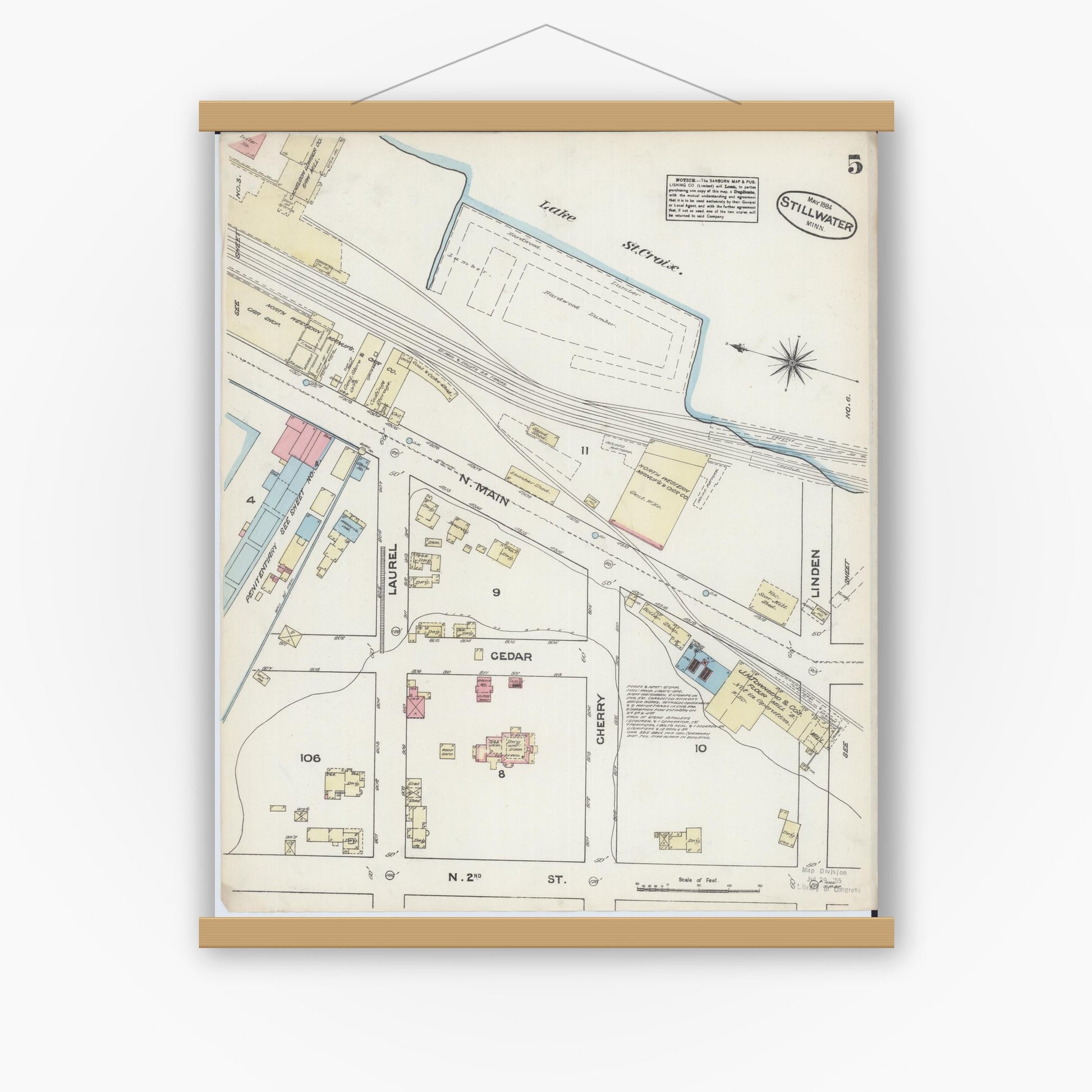 Old map wall art mockup — magnetic wood frame on white wall — Sanborn Fire Insurance Map from Stillwater, Washington County, Minnesota (1884), Sheet #0005