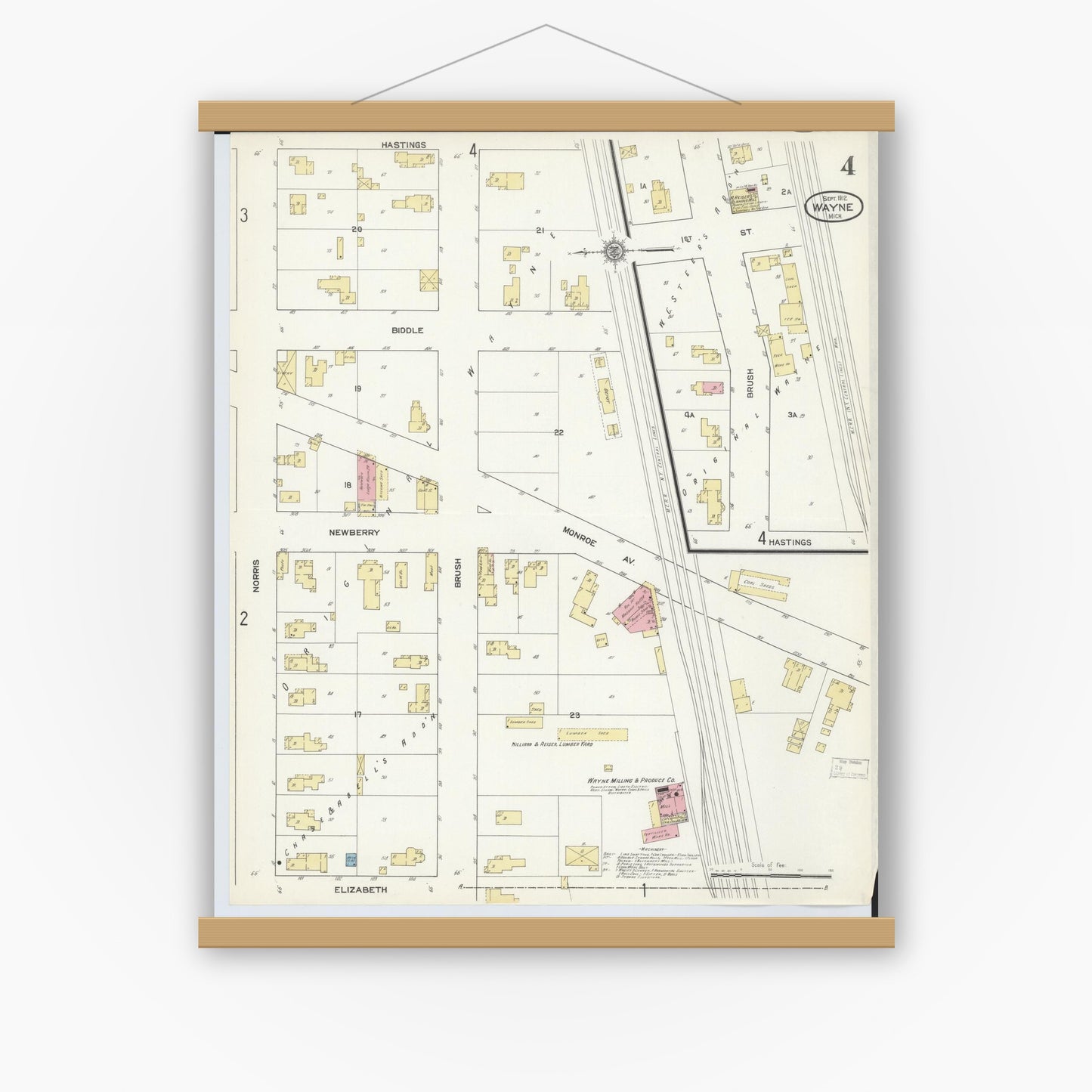 Old map wall art mockup — magnetic wood frame on white wall — Sanborn Fire Insurance Map from Wayne, Wayne County, Michigan (1912), Sheet #0004