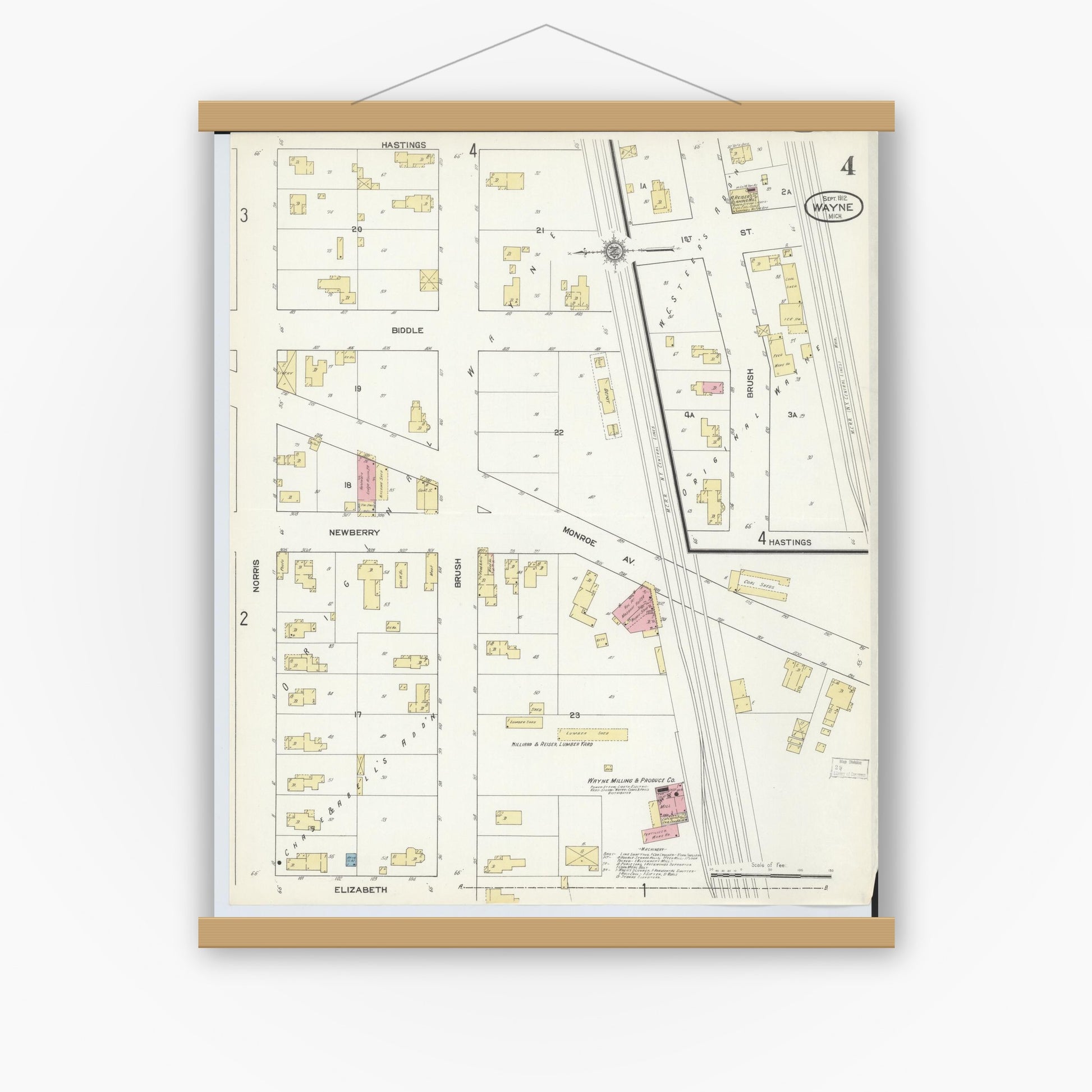 Old map wall art mockup — magnetic wood frame on white wall — Sanborn Fire Insurance Map from Wayne, Wayne County, Michigan (1912), Sheet #0004
