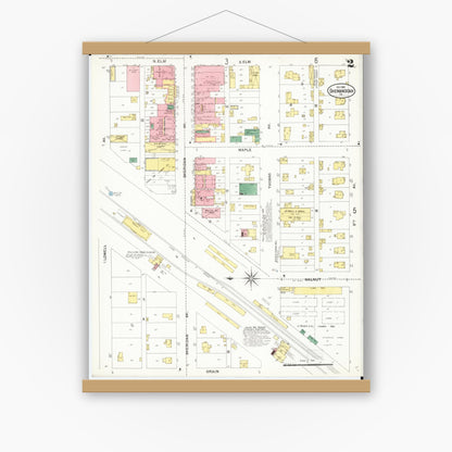 Old map wall art mockup — magnetic wood frame on white wall — Sanborn Fire Insurance Map from Shenandoah, Page County, Iowa (1901), Sheet #0002