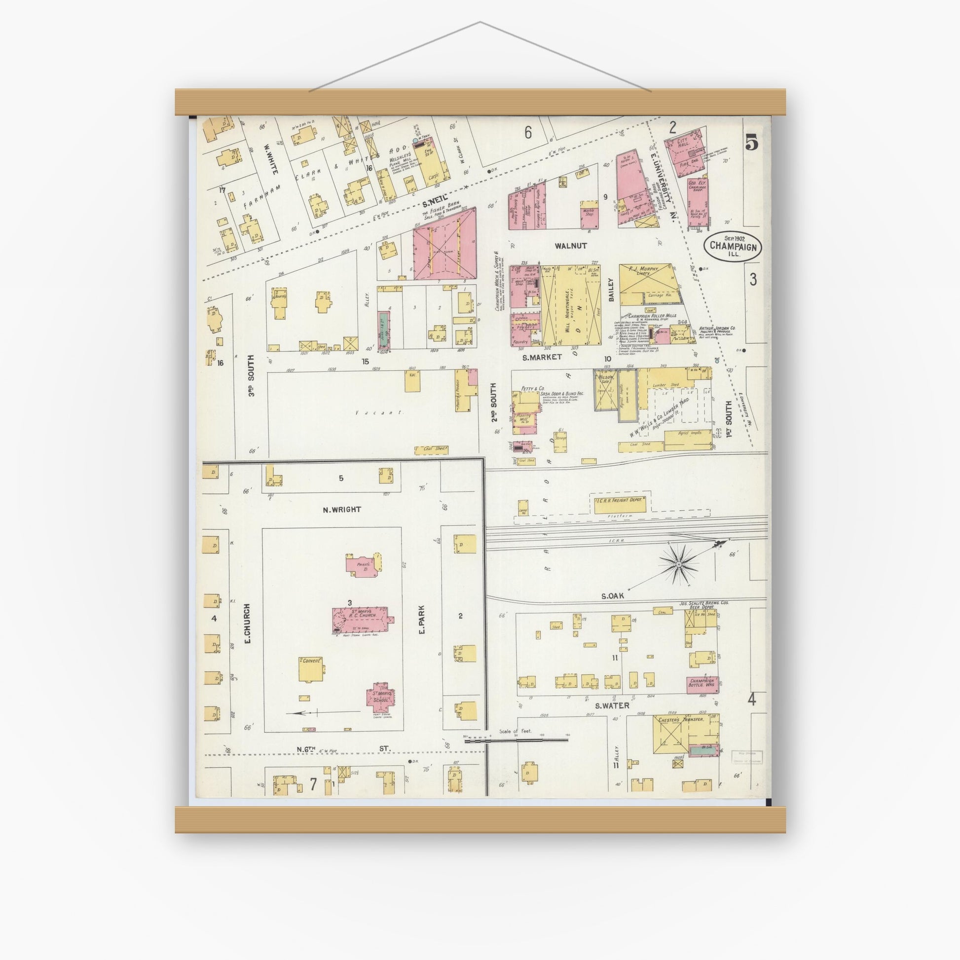 Old map wall art mockup — magnetic wood frame on white wall — Sanborn Fire Insurance Map from Champaign, Champaign County, Illinois (1902), Sheet #0005