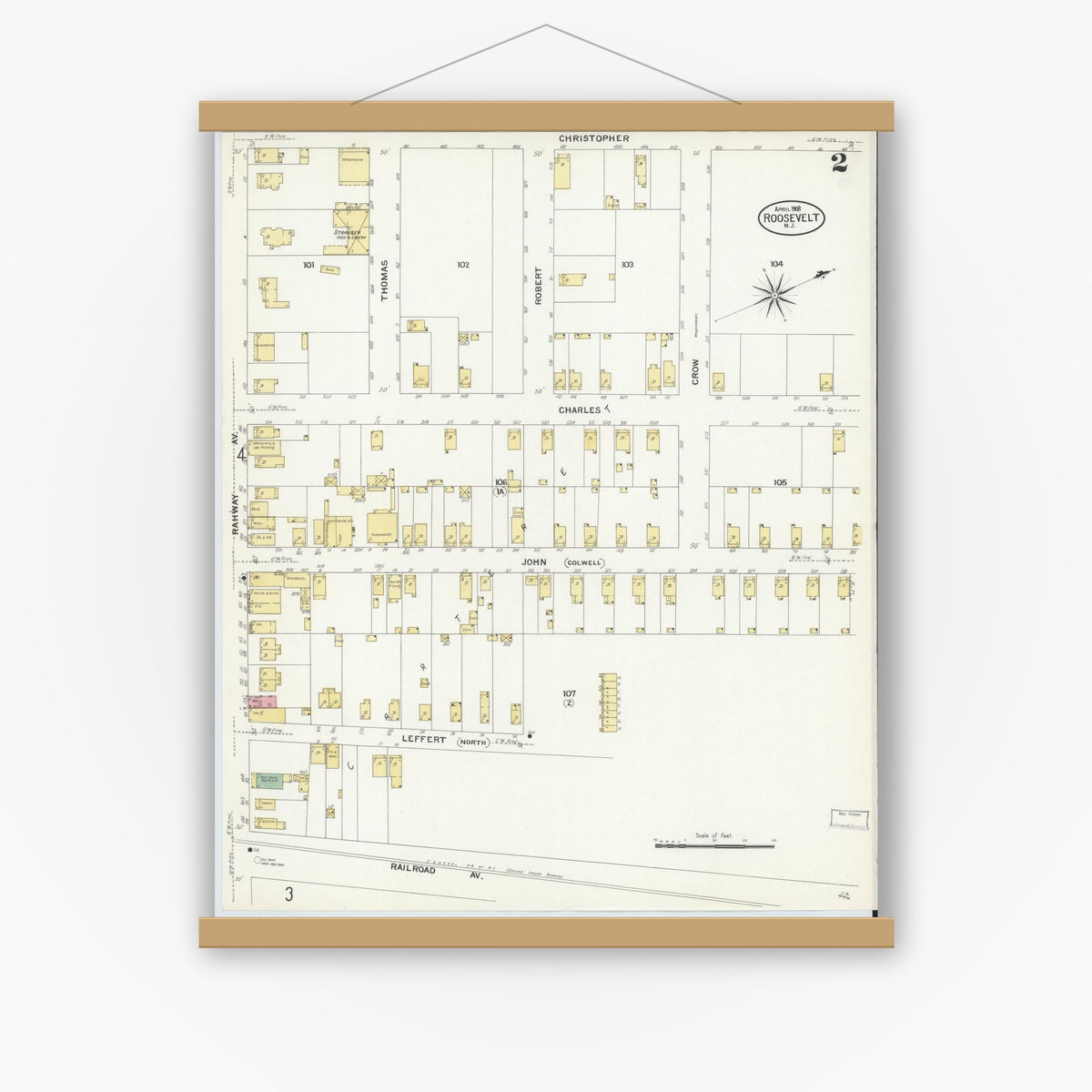Old map wall art mockup — magnetic wood frame on white wall — Sanborn Fire Insurance Map from Roosevelt, Middlesex County, New Jersey (1908), Sheet #0002