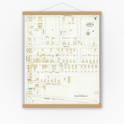 Old map wall art mockup — magnetic wood frame on white wall — Sanborn Fire Insurance Map from Roosevelt, Middlesex County, New Jersey (1908), Sheet #0002
