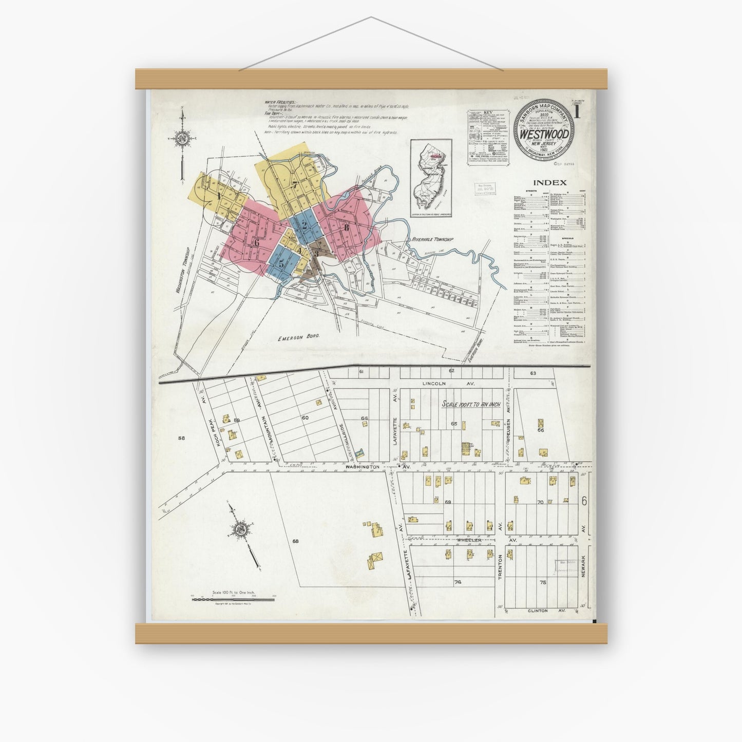 Old map wall art mockup — magnetic wood frame on white wall — Sanborn Fire Insurance Map from Westwood, Bergen County, New Jersey (1921), Sheet #0001