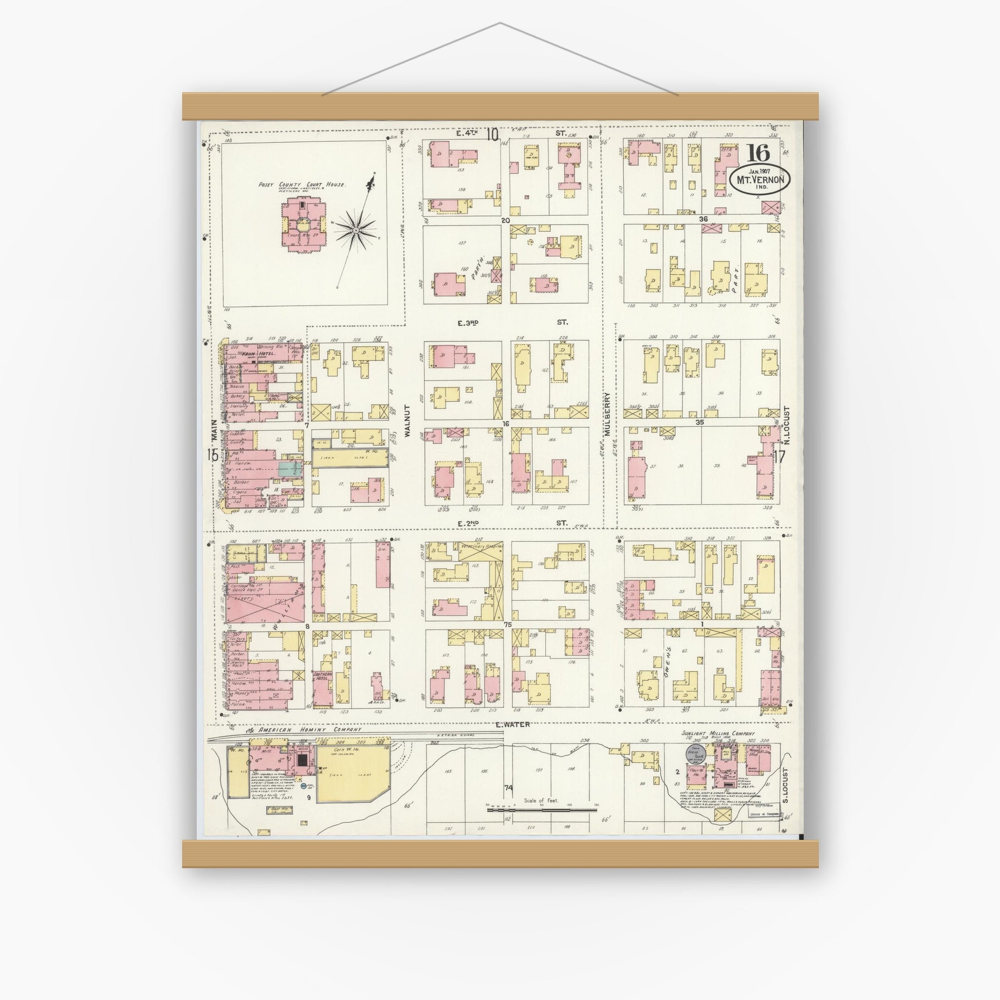 Old map wall art mockup — magnetic wood frame on white wall — Sanborn Fire Insurance Map from Mount Vernon, Posey County, Indiana (1907), Sheet #0016