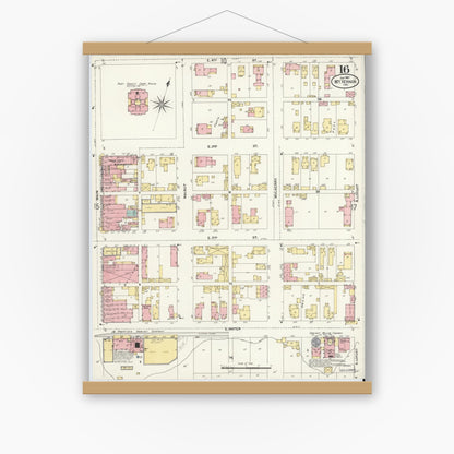 Old map wall art mockup — magnetic wood frame on white wall — Sanborn Fire Insurance Map from Mount Vernon, Posey County, Indiana (1907), Sheet #0016